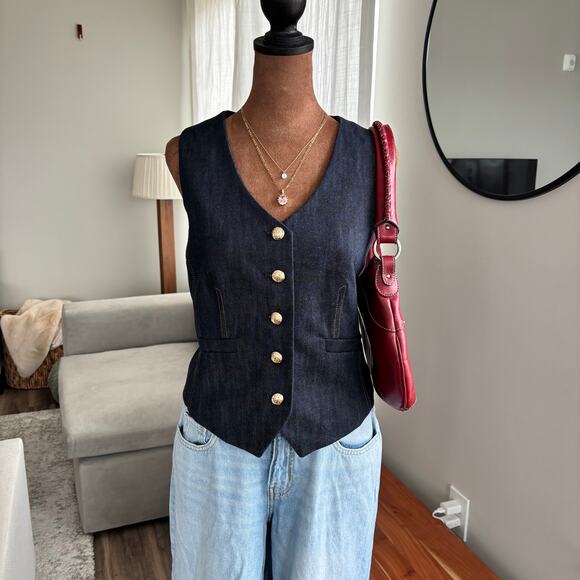 Talbots Tops - 2010s Talbots Petite Dark Wash Denim‎ Vest Gold Crest Button Western Cowgirl 8P